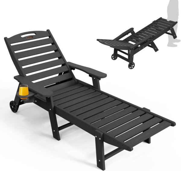 Oversized Chaise Lounge Chair with Wheels, 5-Position, Black