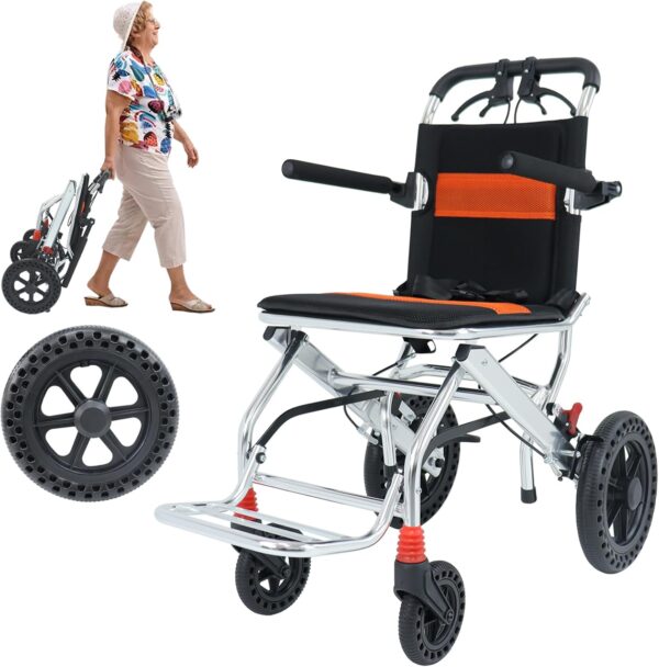 Ultra-Light Folding Wheelchair with Handbrake, 12-inch PU Wheels