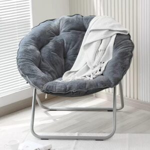 Folding Papasan Chair, Grey Faux Fur, Modern Accent