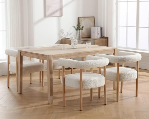 Set of 4 Mid Century Upholstered Dining Chairs, White Sherpa Boucle