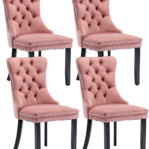 Set of 4 Pink Velvet Dining Chairs with Tufted Wingback