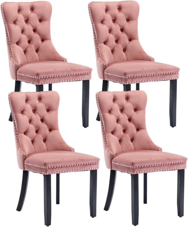 Set of 4 Pink Velvet Dining Chairs with Tufted Wingback