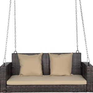 2-Person Patio Swing Bed with Cushion, 800lbs, Rattan, Brown