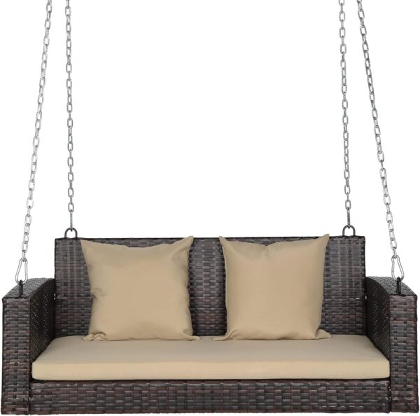 2-Person Patio Swing Bed with Cushion, 800lbs, Rattan, Brown