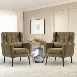 Set of 2 Chenille Accent Chairs, Olive Green, Solid Wood Legs