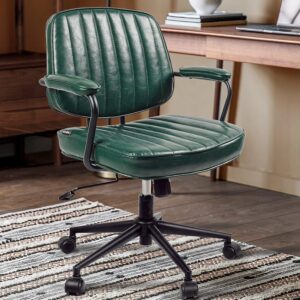 Artswish Green Leather Office Chair with Wheels, Mid Century