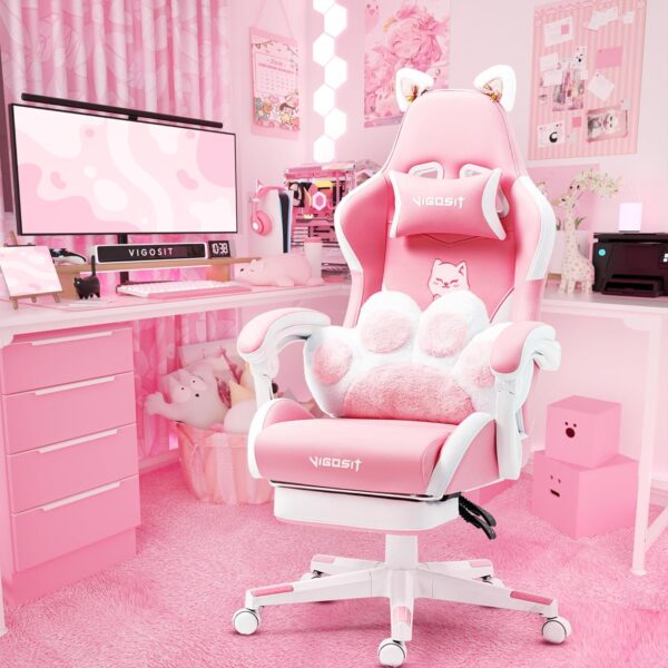 Pink Gaming Chair, Cat Paw Design, Footrest